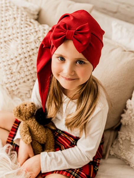 Tonttulakki rusetilla joulunpunainen, musta tupsu